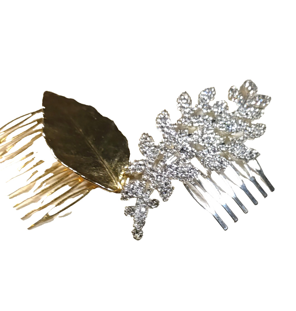 Lot Of 2 Hair Comb Barrettes Gold Tone Leaf Rhinestone Silver Tone Comb